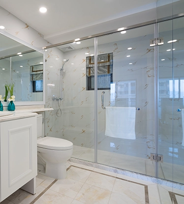 Modern bathroom with glass shower.