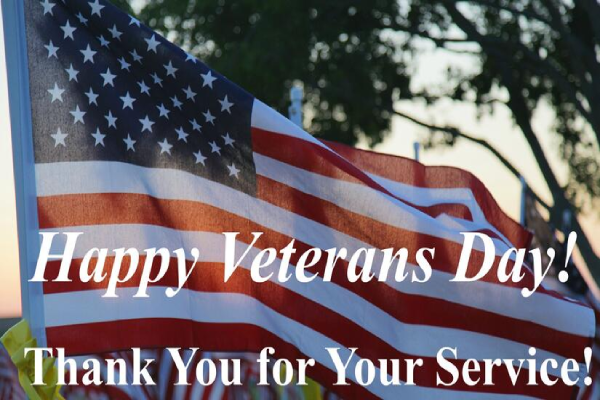 Veterans Day tribute with a message of gratitude: "Thank you for your service" displayed prominently.