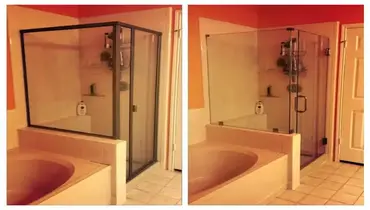 A framed and frameless glass shower enclosure