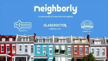 Neighborly home service brands above colorful houses.