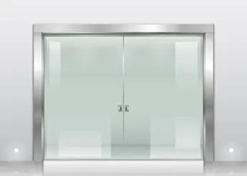 a glass storefront door with steel bordering around it